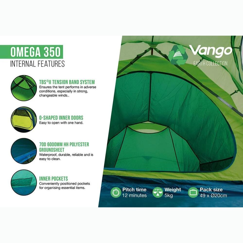 Vango Omega 350 Tent – spacious and eco-friendly tent for 3 people, ideal for camping