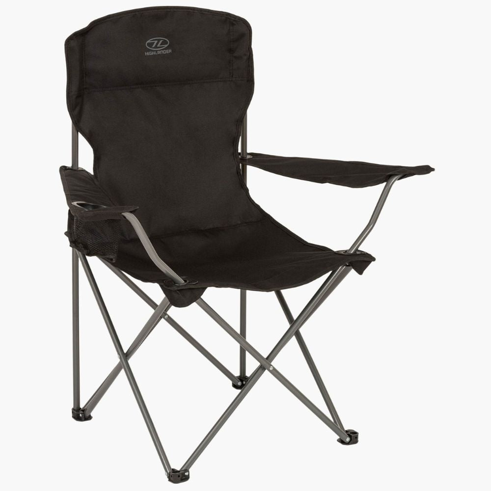 Black Edinburgh camping chair with armrests and cup holder, displayed in a studio setting.