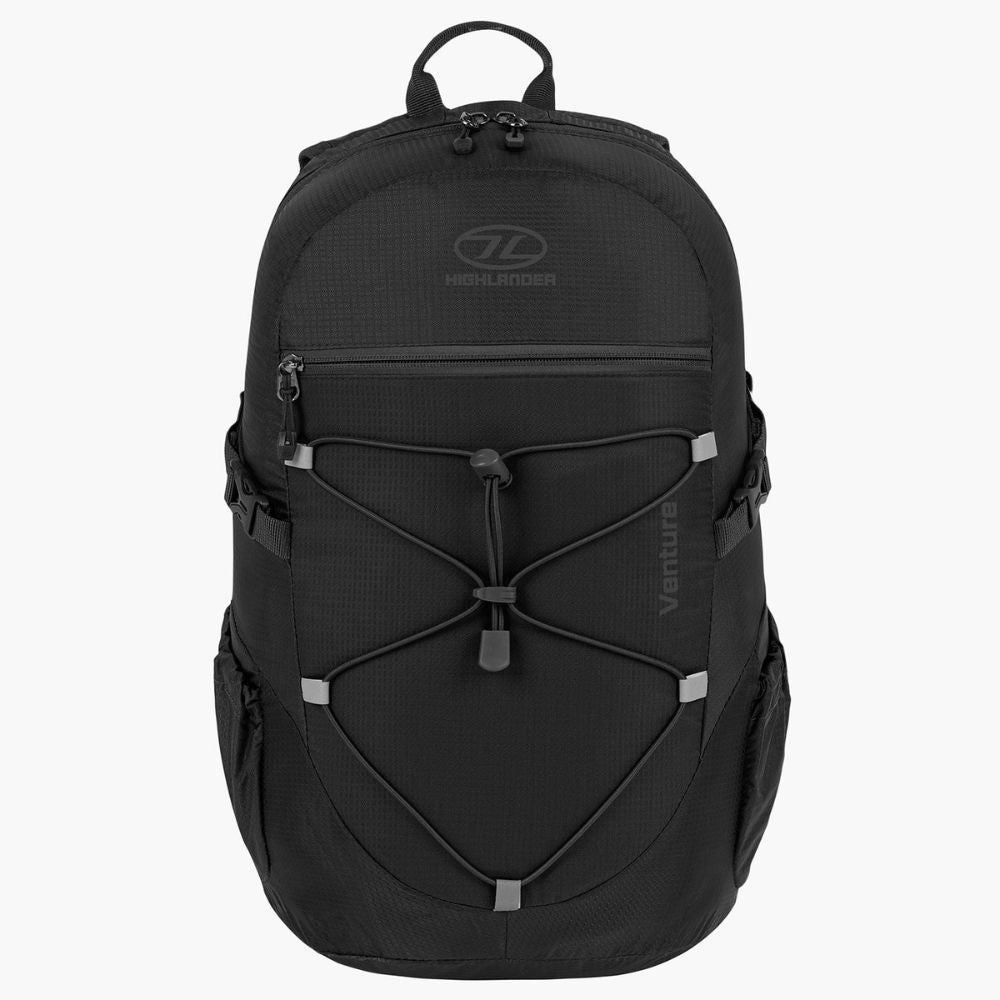 Full front view of the Venture backpack in black.