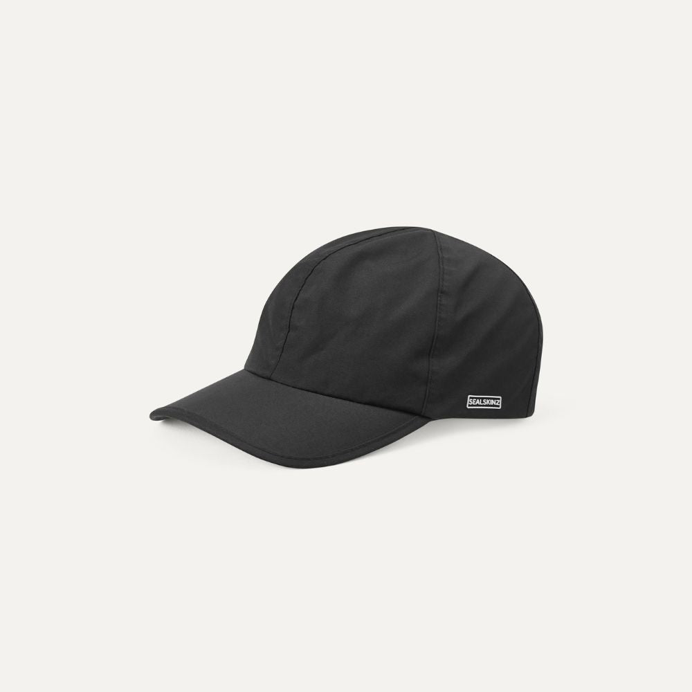 Angled View Of Black Waterproof All Weather Cap.