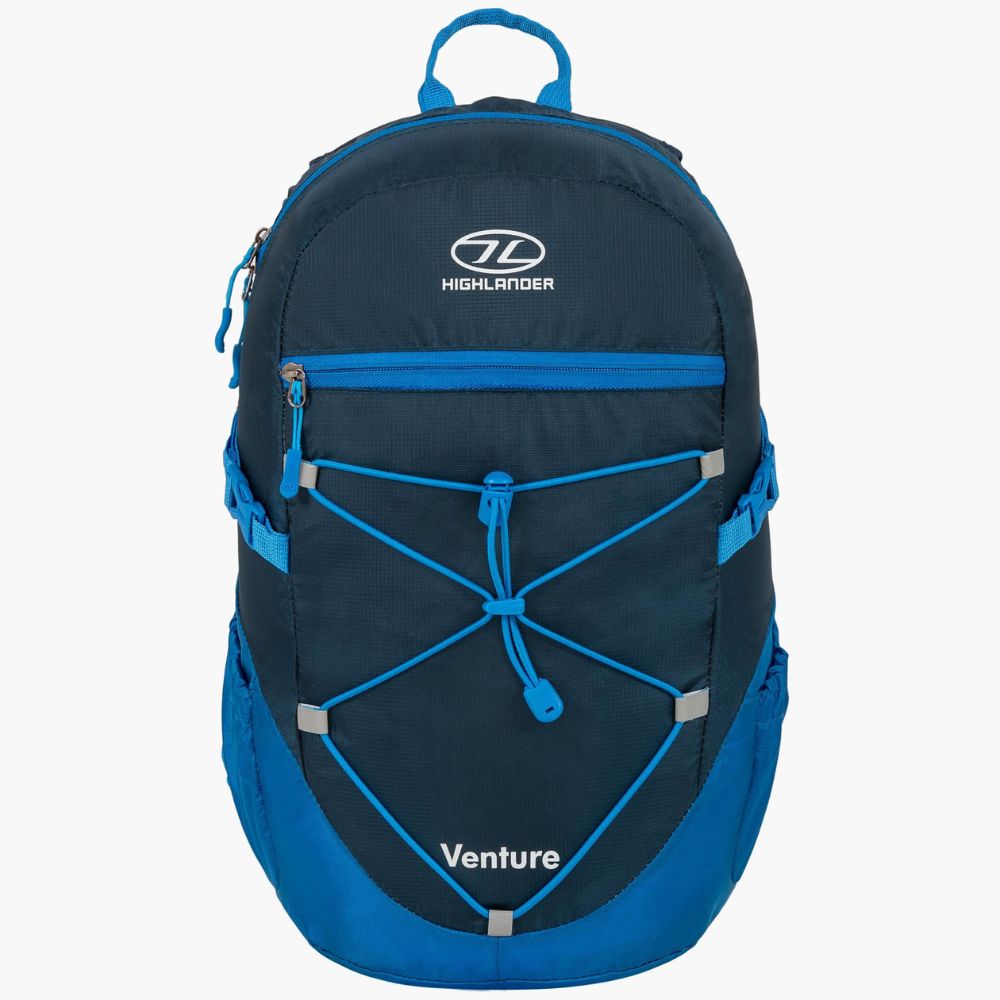 Full front view of the Venture backpack in blue.