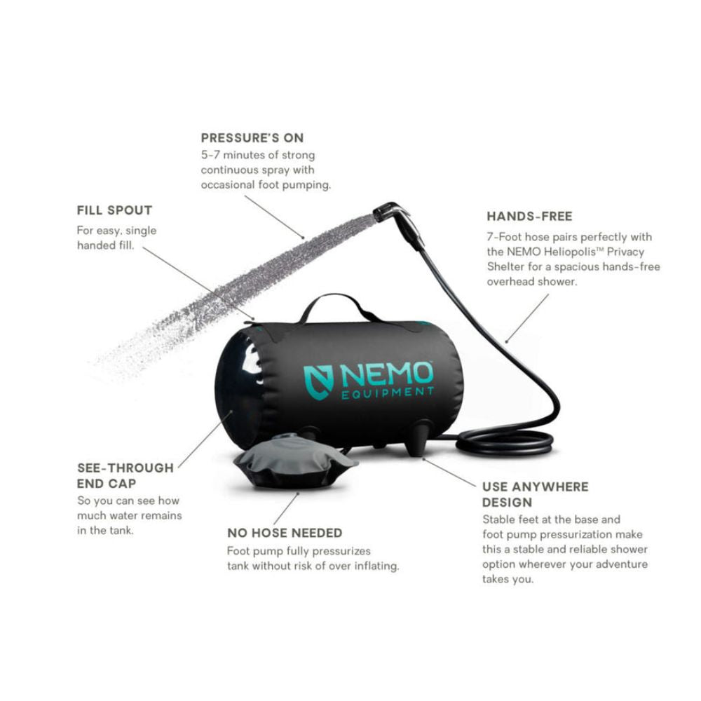Helio™ Pressure Shower – Compact, Portable Camp Shower with Foot Pump