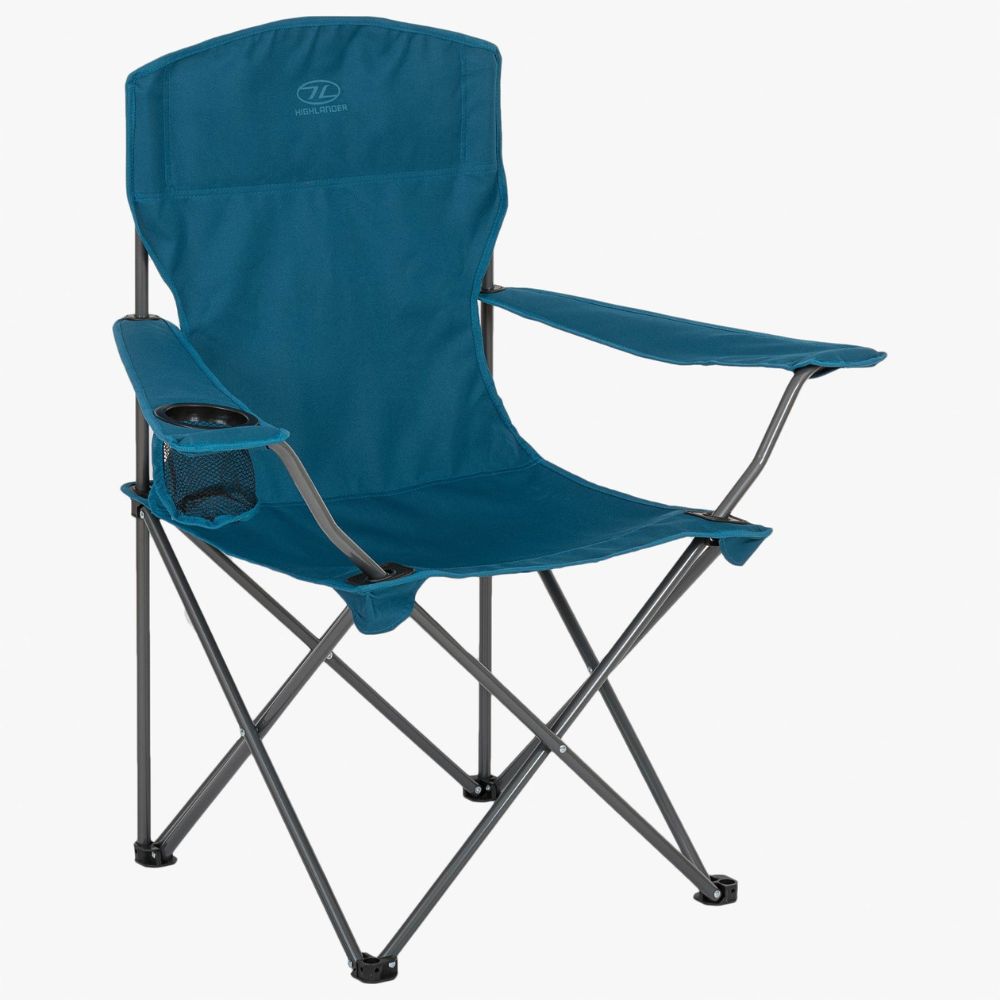 Marine Blue Edinburgh camping chair with armrests and cup holder.