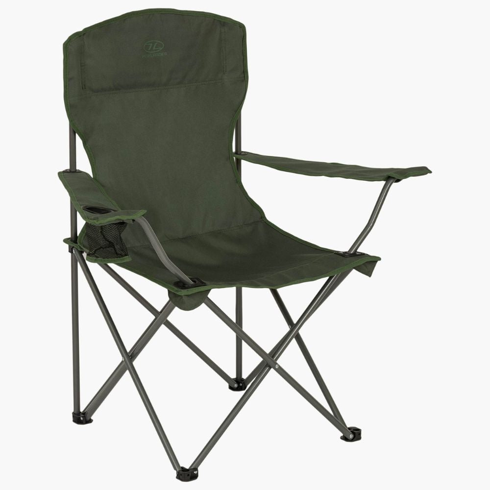 Olive Edinburgh camping chair with armrests and cup holder.