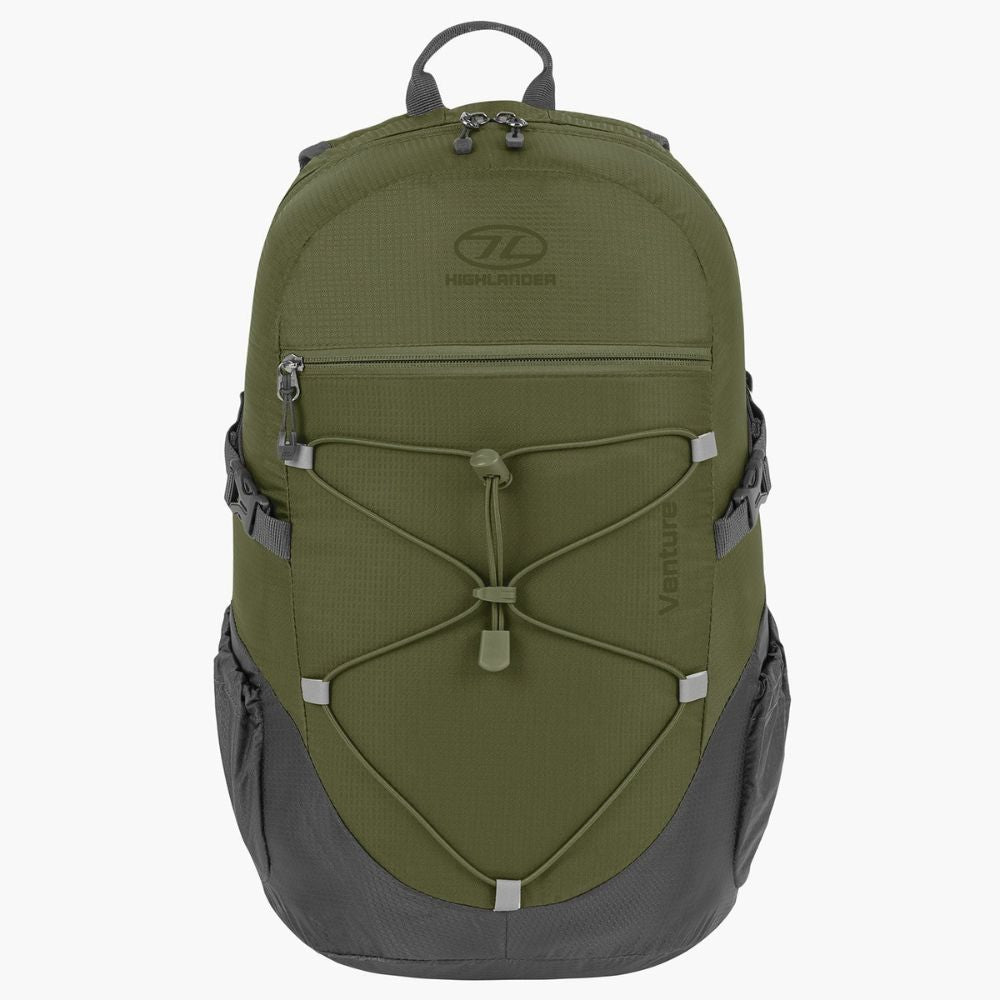 Full front view of the Venture backpack in olive-grey.