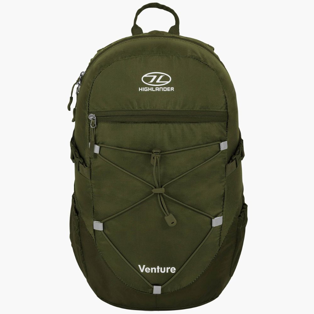 Full front view of the Venture backpack in olive.