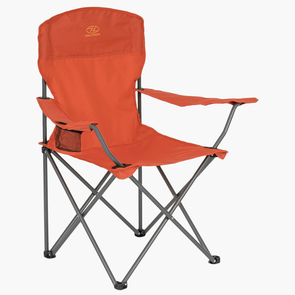 Orange Edinburgh camping chair with armrests and cup holder.