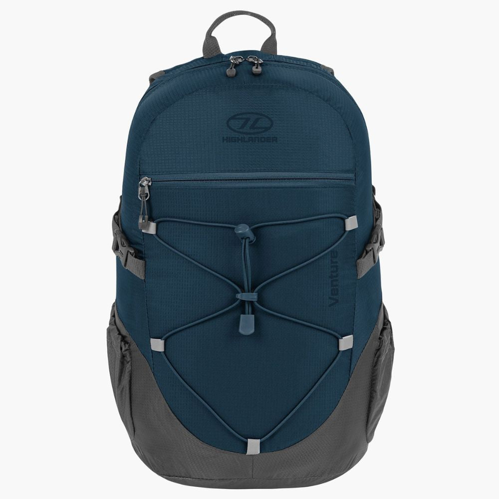 Full front view of the Venture backpack in petrol grey.