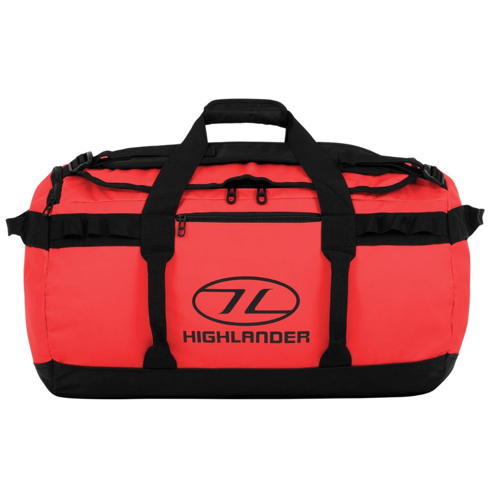 Red Highlander Storm Kitbag Duffle bag with 65L capacity, ideal for travel or outdoor activities.