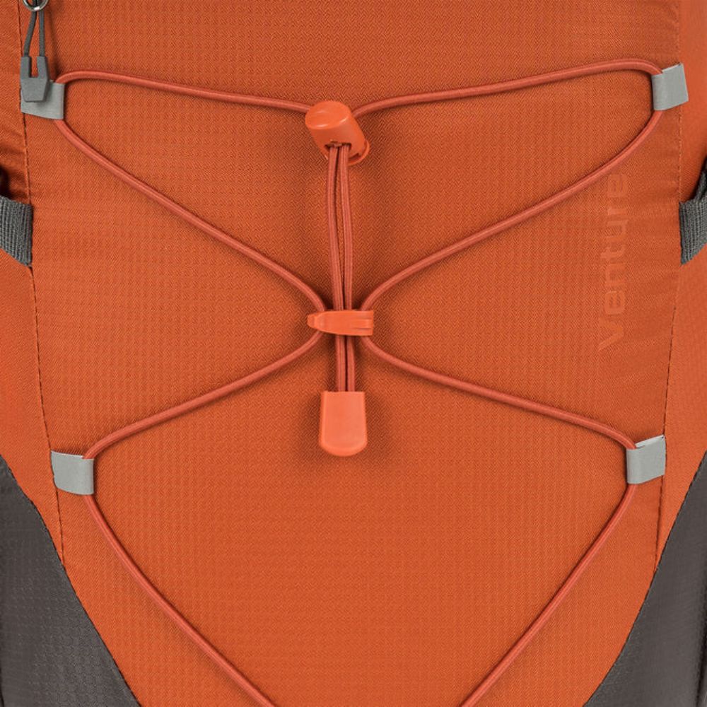 Close-up of bungee feature on Venture Backpack 20L in rust/grey.
