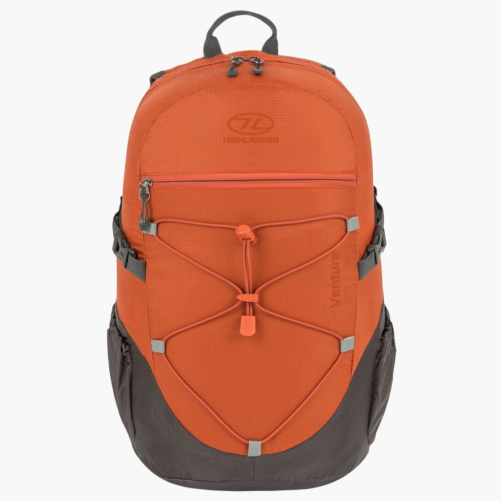 Full front view of the Venture backpack in rust/grey.
