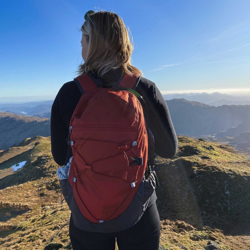Venture Backpack 20L in rust/grey with mountain background.