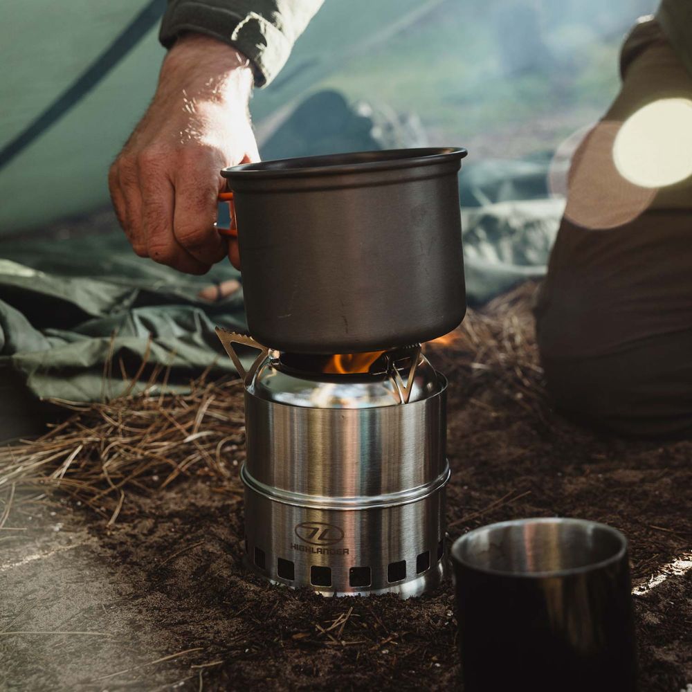 Cooking setup with Cabar wood-burning stove.