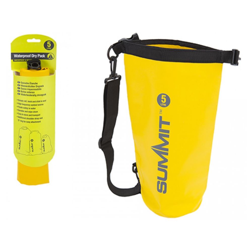 A yellow 5-liter Summit dry bag with black trim and shoulder strap, next to its packaging.