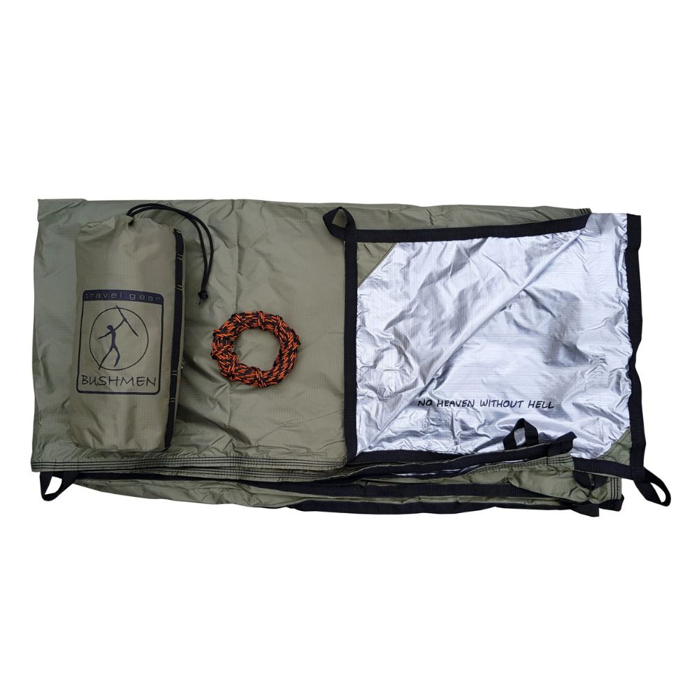 thermo-tarp components with carry bag and rope.