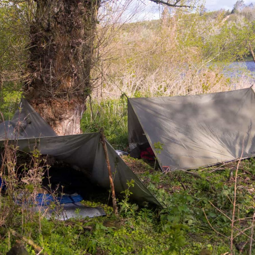 thermo-tarp setup as dual tent in forest.