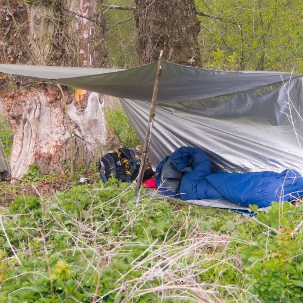 Person sleeping in a thermo tarp hammock under trees