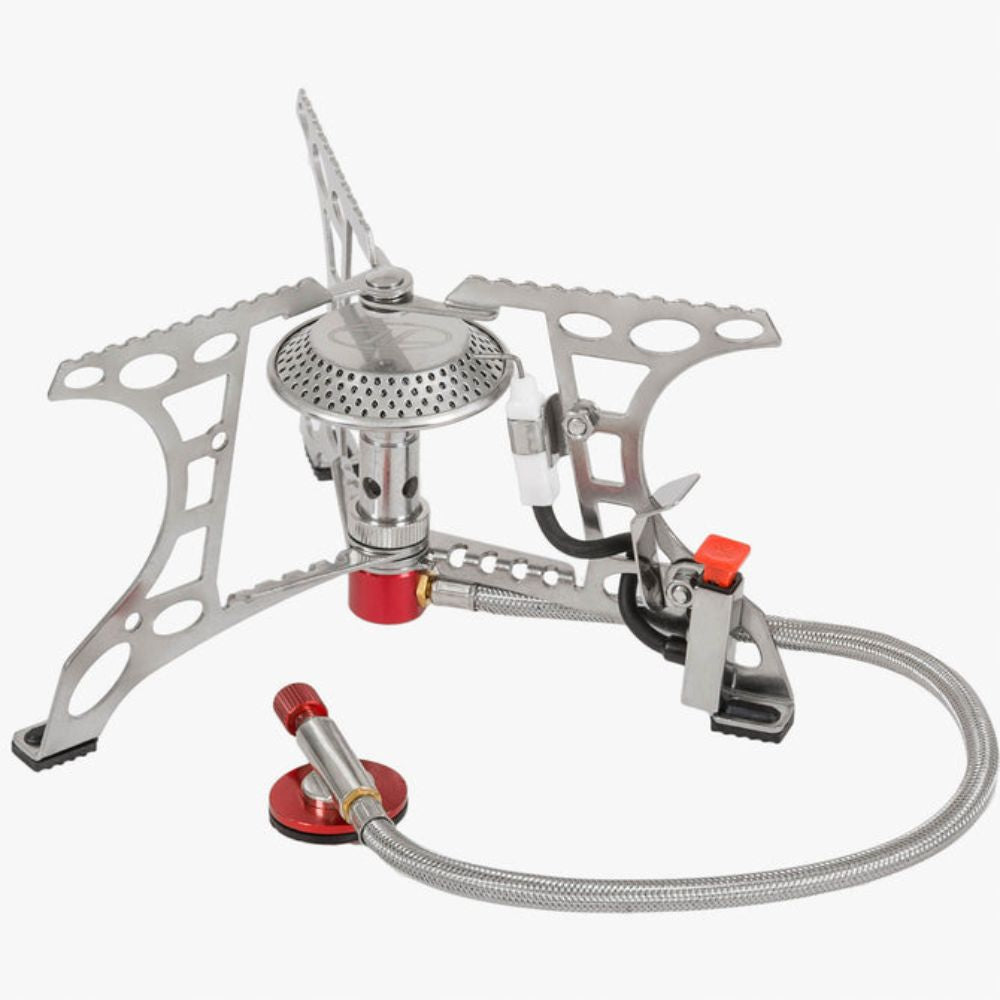 Compact camping gas stove with sturdy design, front view.