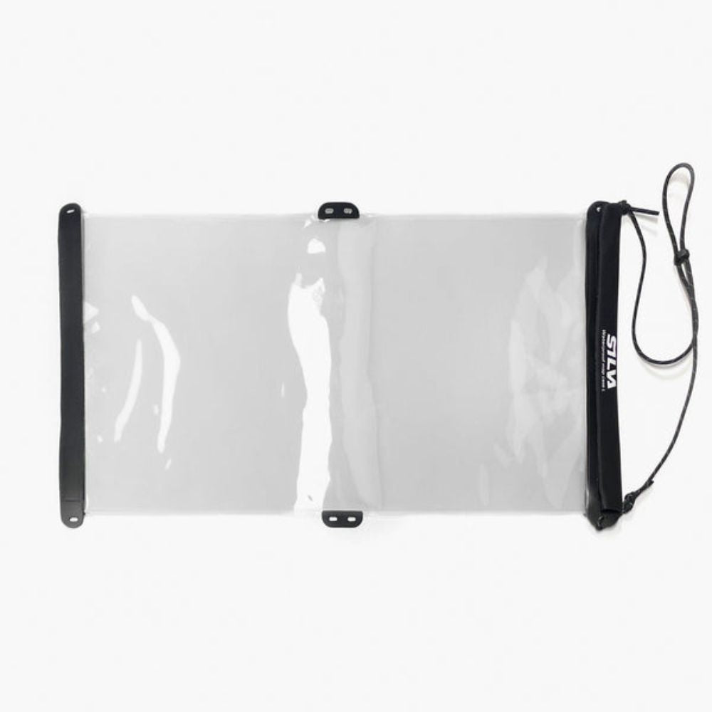 A transparent, waterproof map case with a zip-lock closure, laid flat.