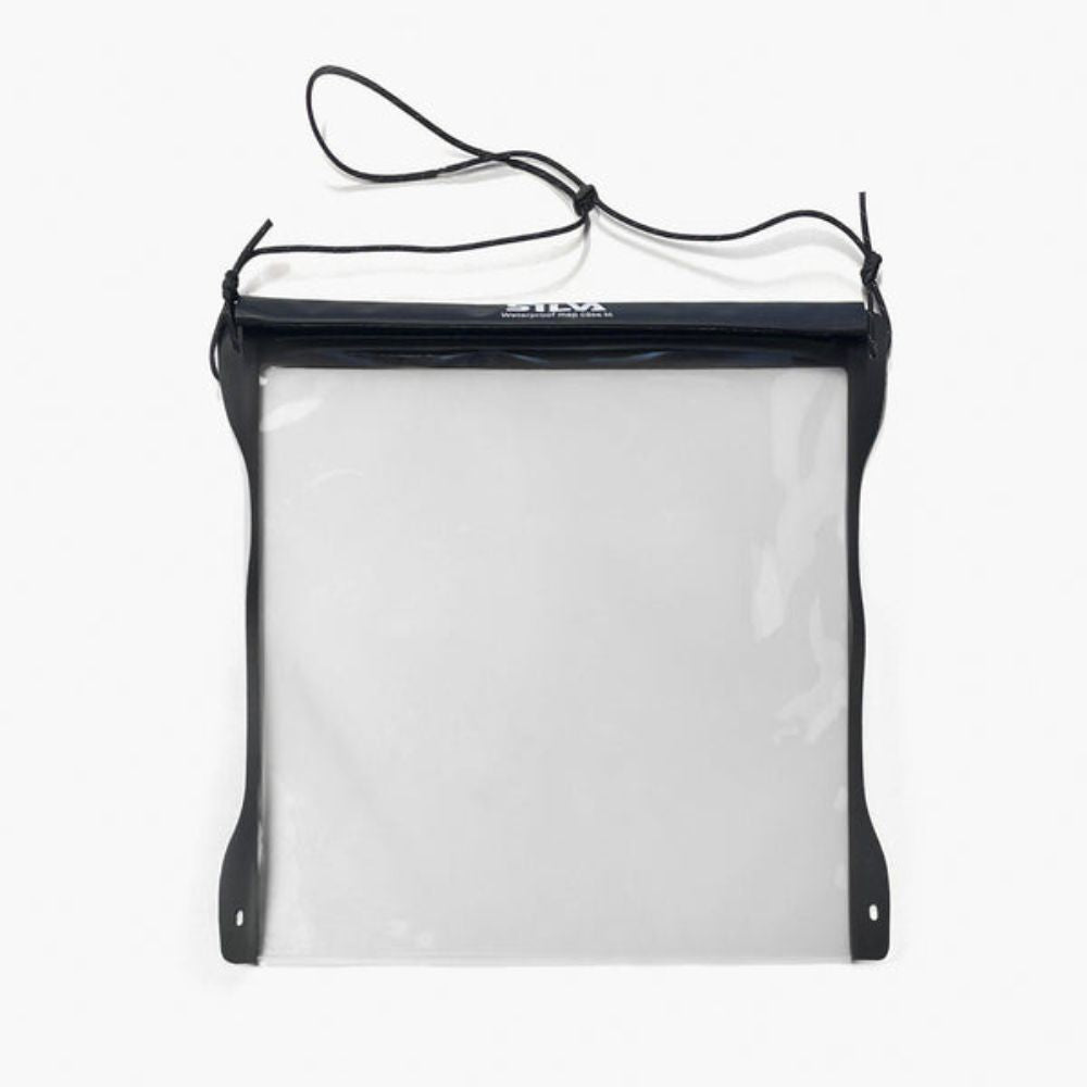 A transparent, waterproof map case with a black roll-top closure and a neck strap.