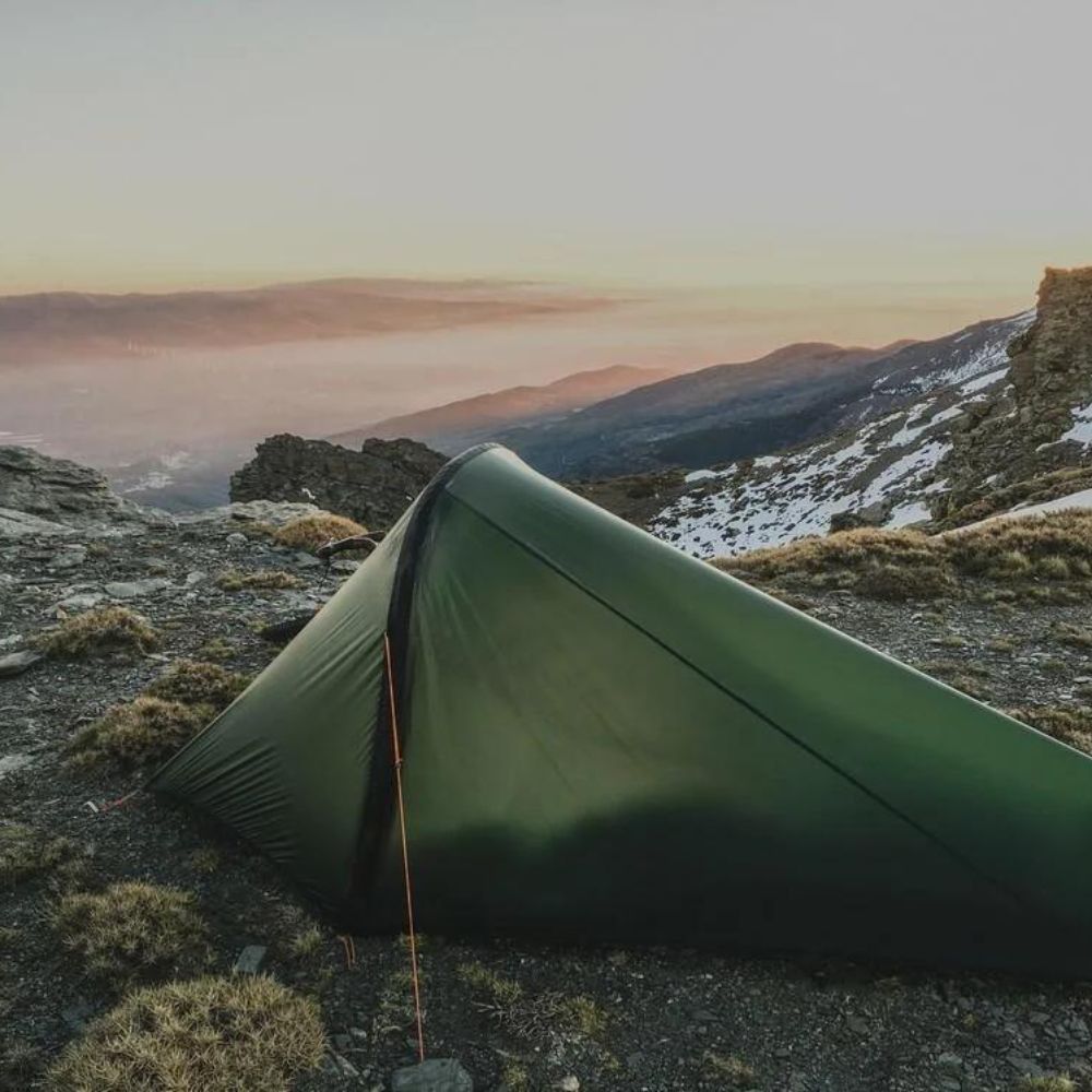 F10 Hydrogen Air Tent set up in the wilderness – ultralight and compact bikepacking tent for outdoor enthusiasts