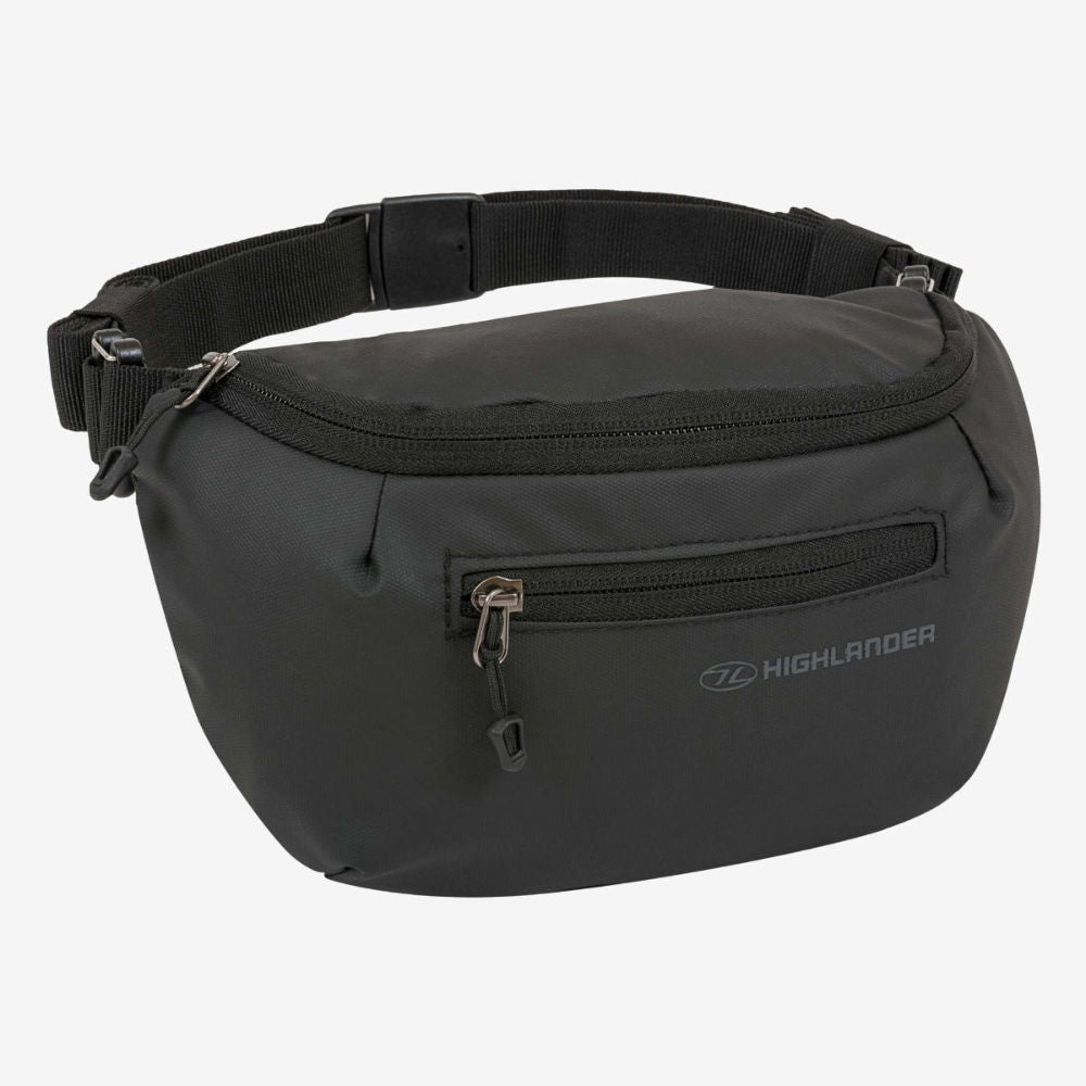 Black-colored Targa bum bag featuring a compact design with front zippered pocket and adjustable strap.