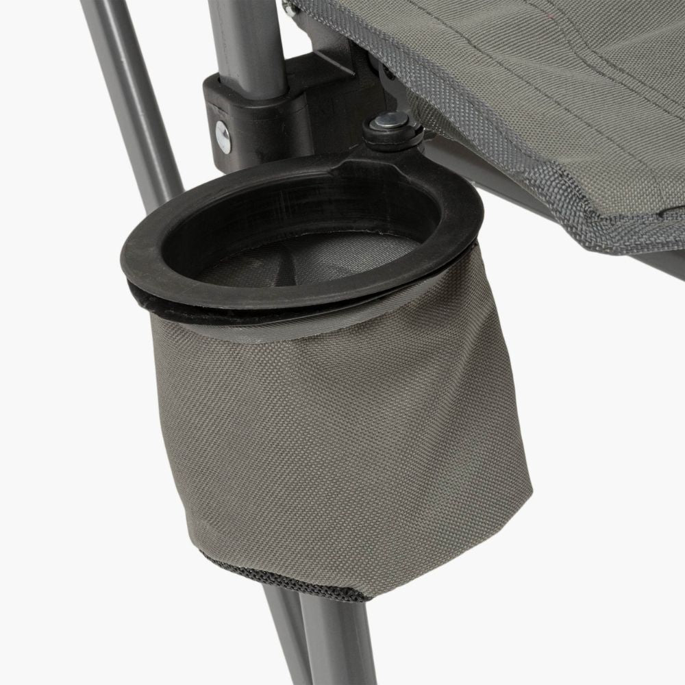 Cup holder detail of charcoal Balvenie Recliner Camping Chair.