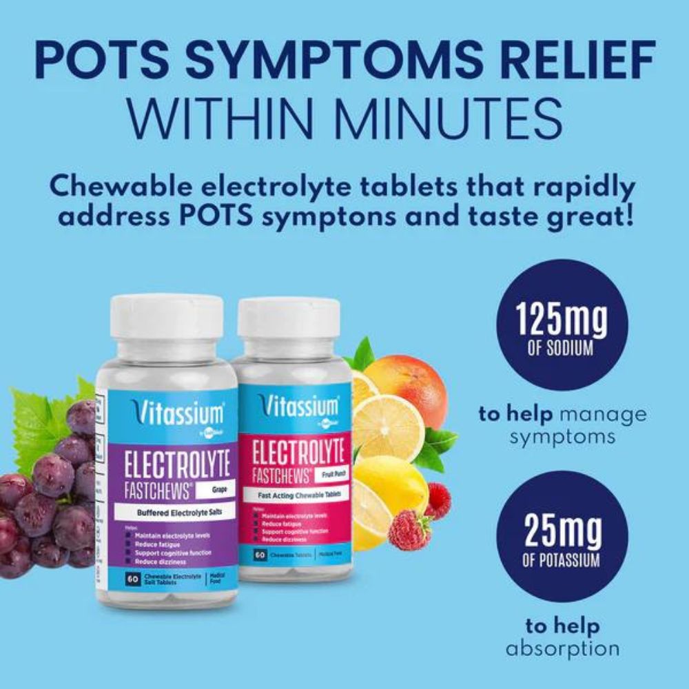 Vitassium FastChews in Fruit Punch and Grape – chewable electrolyte tablets for hydration support