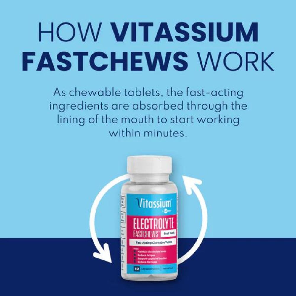 Vitassium FastChews in Fruit Punch and Grape – chewable electrolyte tablets for hydration support